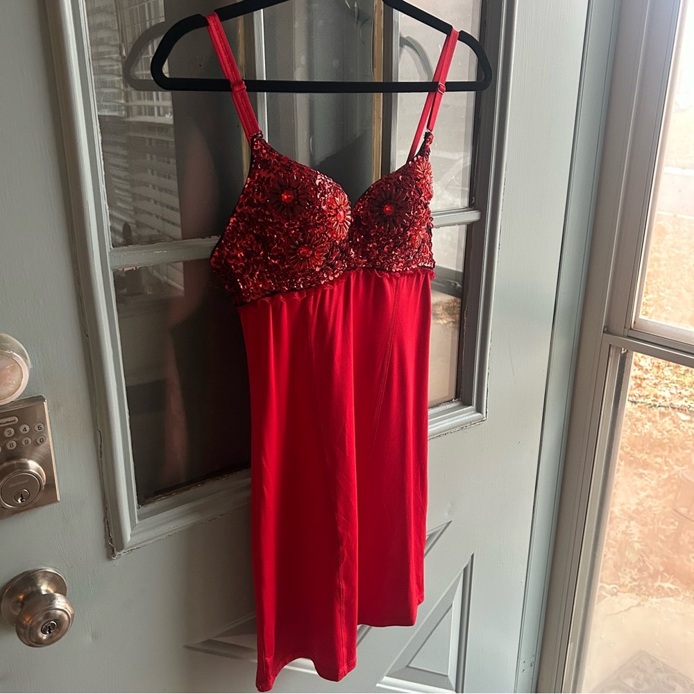 Vintage Beaded Bust Sequin Silky Satin Red Showgirl Lingerie Night Gown Shelly S - Picture 2 of 13